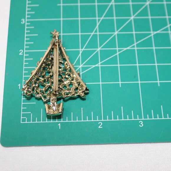 Vintage Gold Tone Christmas Tree with Red and Clear Rhinestones - Picture 8 of 10